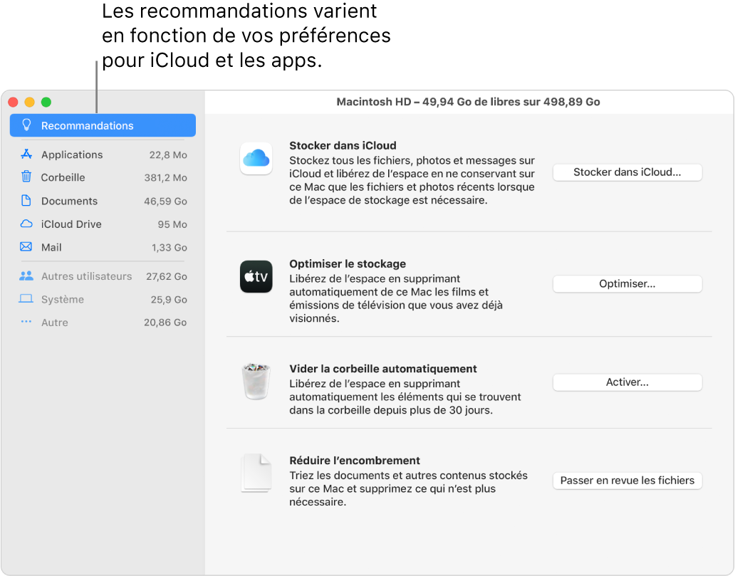 Recommandations en matière d’optimisation de stockage dans la sous-fenêtre Stockage.