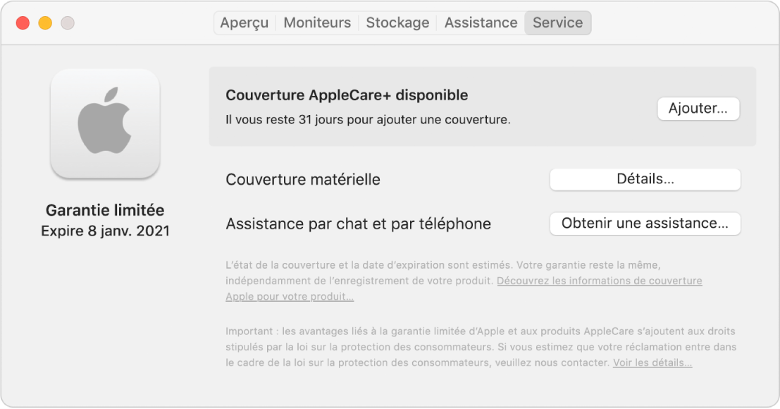 Sous-fenêtre Service dans « Informations système ». La sous-fenêtre indique que le Mac est couvert par une garantie limitée et qu’il est éligible à la couverture AppleCare+. Les boutons Ajouter, Détails et Obtenir de l’assistance sont à droite.