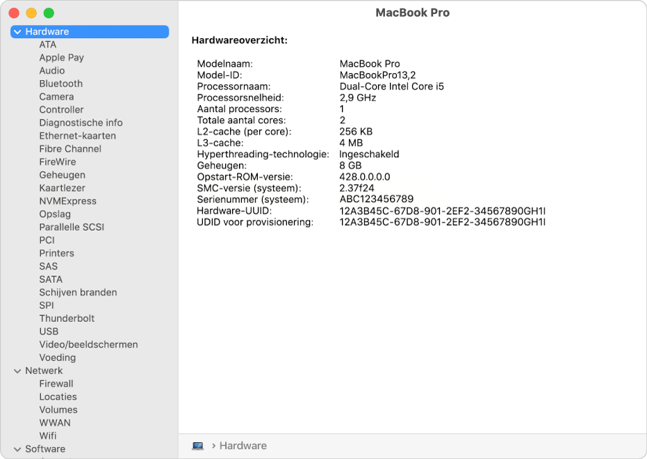 Gedeelte met hardware-overzicht in een systeemoverzicht.