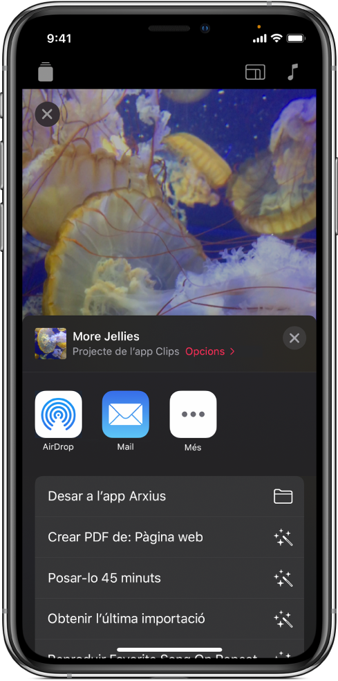 Opcions per compartir un projecte: l’AirDrop, el Mail i “Desar a l’app Arxius”.