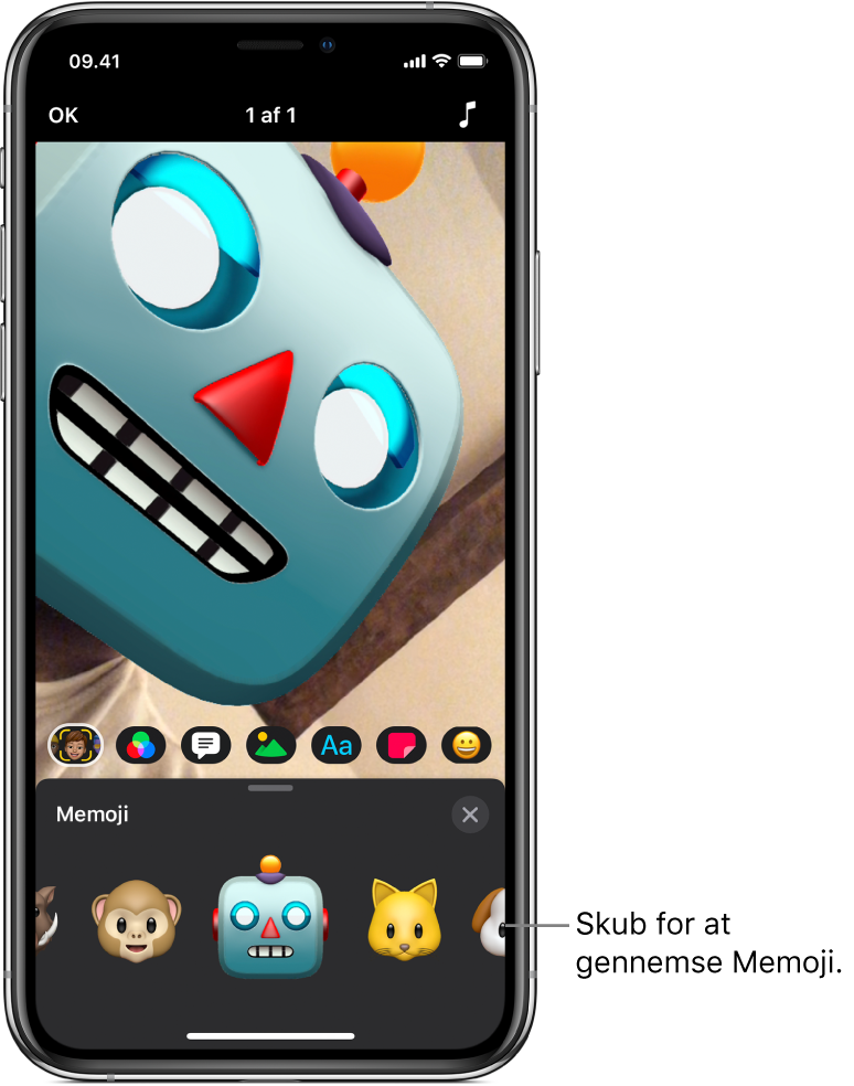 En Memoji-robot i fremviseren med Memoji valgt og Memoji-figurer vist derunder.