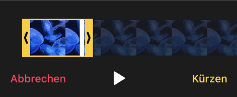Ein Clip mit gelben Aktivpunkten und darunter den Tasten „Abbrechen“, „Wiedergabe“ und „Kürzen“.