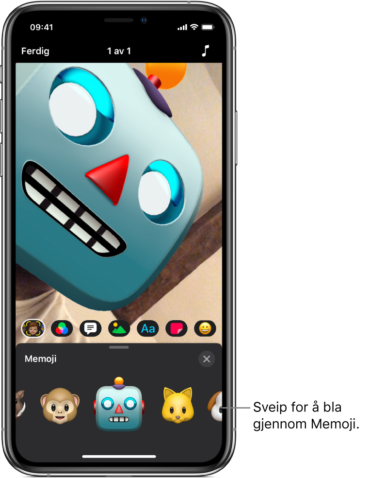 En Memoji av en robot vises i visningsvinduet med Memoji markert og Memoji-figurer vist nederst.