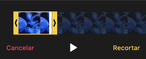 Um clipe com puxadores de recorte amarelos e um botão Cancelar, um botão Reproduzir e um botão Recortar, abaixo.