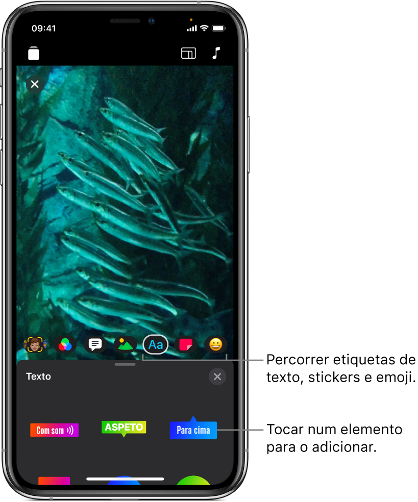 Uma imagem do vídeo no editor, com a opção Texto selecionada e as opções de etiquetas de texto por baixo.