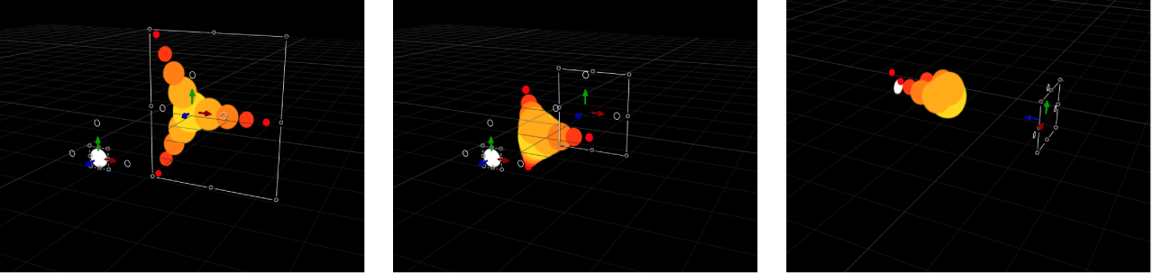 Canvas mit einem Replikator, bei dem sich Elemente des Musters im 3D-Raum auf ein anderes Objekt zu bewegen (mit angewendetem Verhalten „Anziehungskraft“)