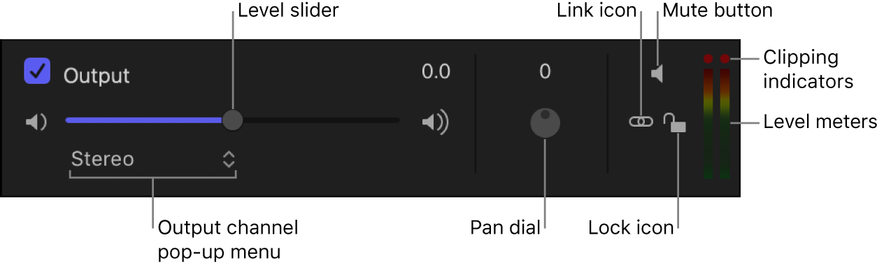 Liste „Audio“ mit den Steuerelementen für die Ausgabe-Audiospur wie dem Aktivierungsfeld, Regler „Pegel“ und „Panorama“, Taste „Ton aus“, Einblendmenü „Ausgangskanal“, Schlosssymbol, Lautstärkereglern und Übersteuerungskennzeichen