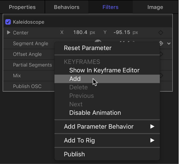 Auswählen von „Hinzufügen“ aus dem Animationsmenü für einen Filterparameter