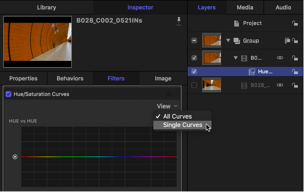 Display options in the Hue/Saturation Curves View pop-up menu in the Filters Inspector