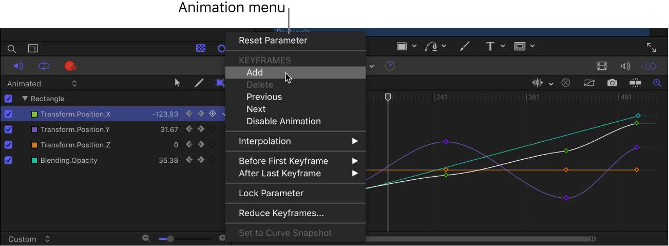 Lista de parámetros del editor de fotogramas clave con el menú Animación