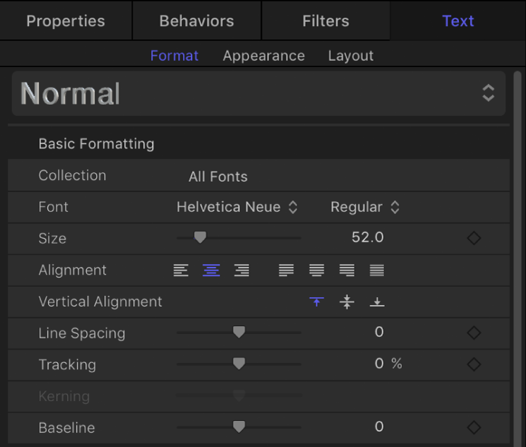 Controles de “Formato básico” en el panel Formato del inspector de texto