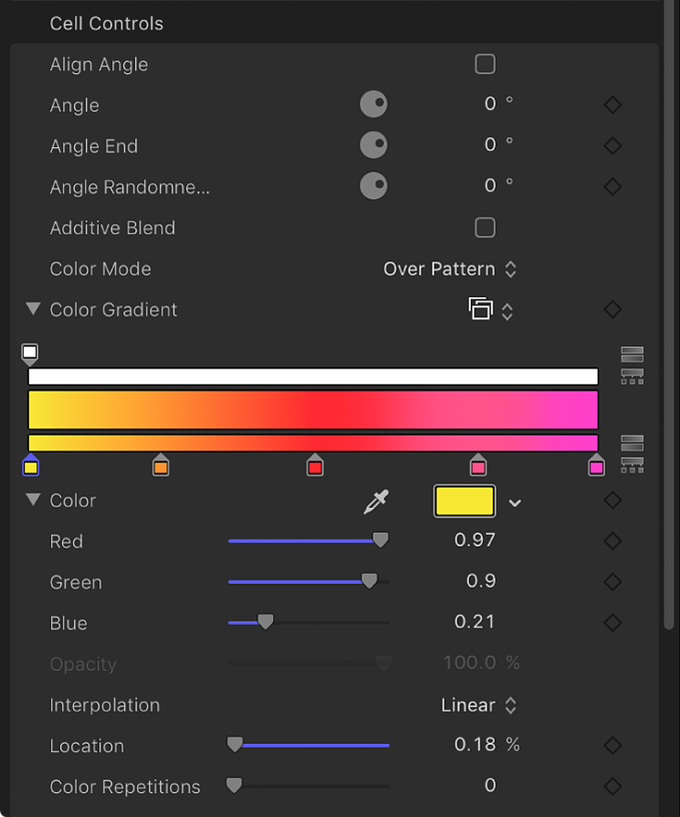 Inspector de replicadores y el “Modo de color” ajustado en “Sobre el diseño”