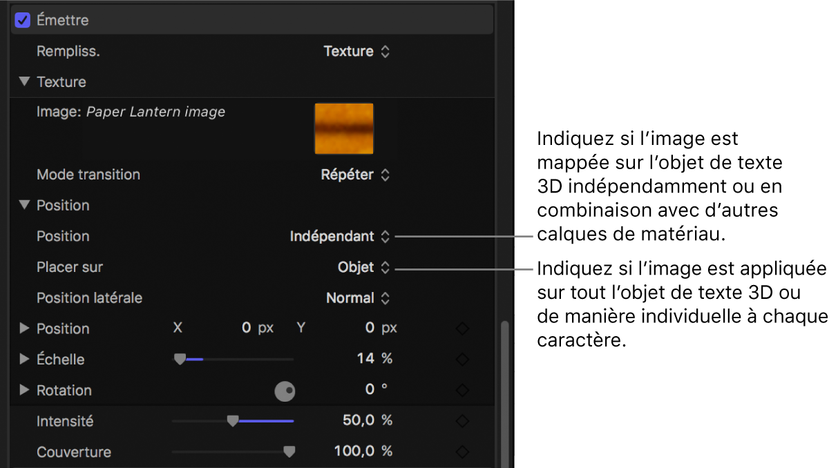 Commandes Position et « Placer sur » dans la fenêtre Apparence de l’inspecteur de texte