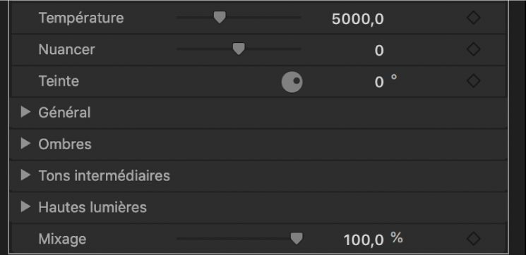 Commandes des roues des couleurs dans l’inspecteur de filtres