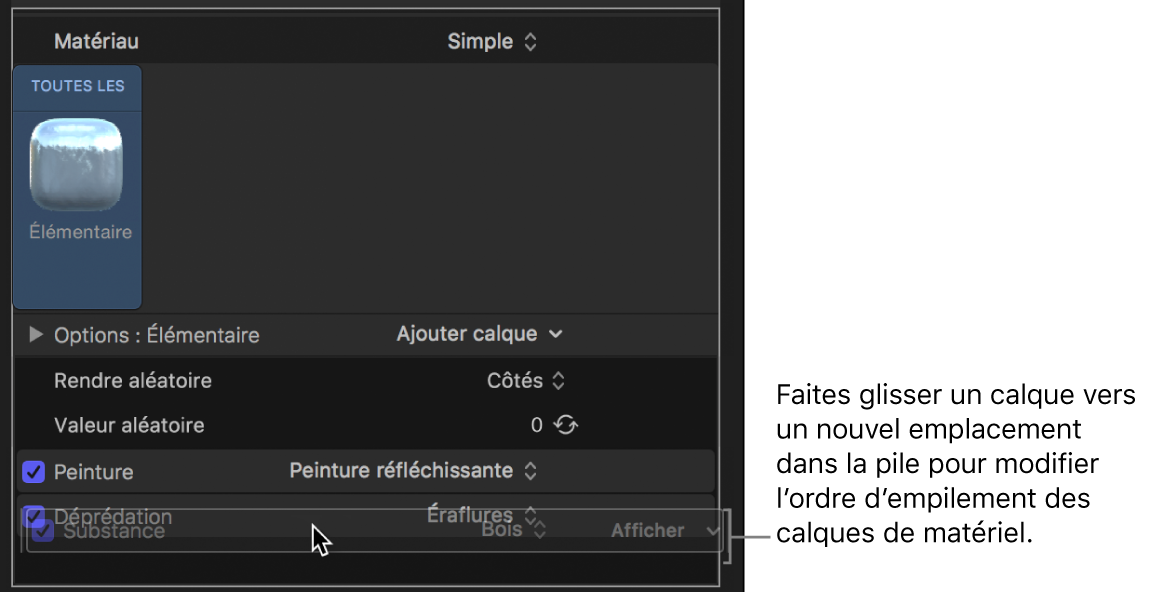 Déplacement par glisser-déposer d’un calque de matériau au-dessus d’un autre dans la fenêtre Apparence de l’inspecteur de texte