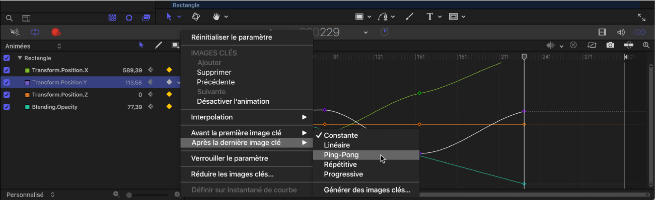 Éditeur d’images clés affichant le sous-menu « Avant la première image clé » du menu Animation