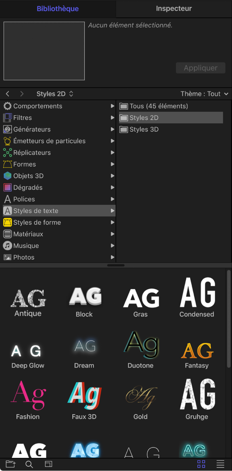 Bibliothèque affichant le dossier Styles de texte 2D sélectionné