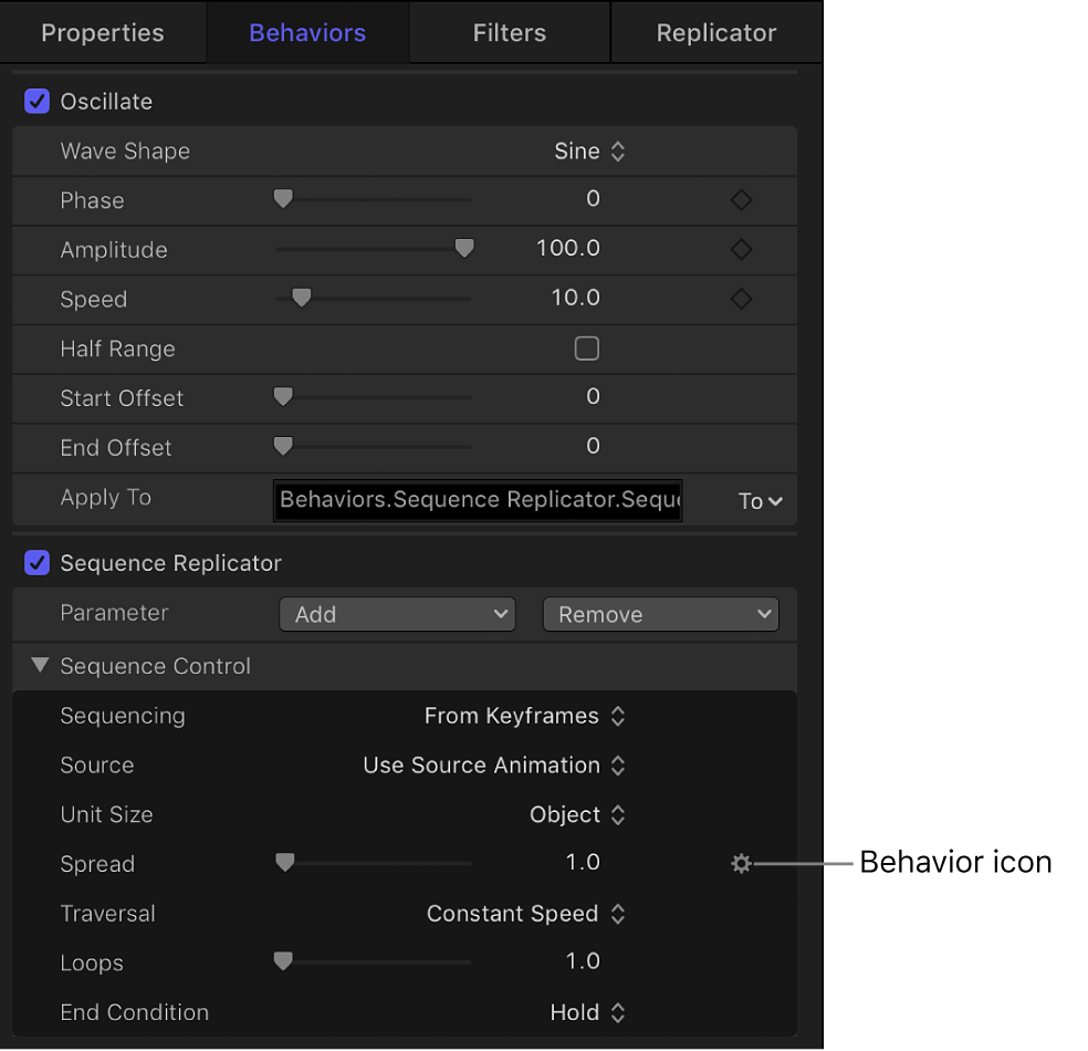 「ビヘイビア」インスペクタ。「シーケンスリプリケータ」ビヘイビア・アニメーション・メニューに「パラメータ」ビヘイビア・アイコンが表示されています