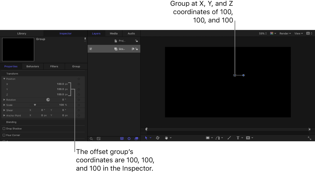 次の座標にグループが配置されたキャンバスと「インスペクタ」: X=100、Y=100、Z=100