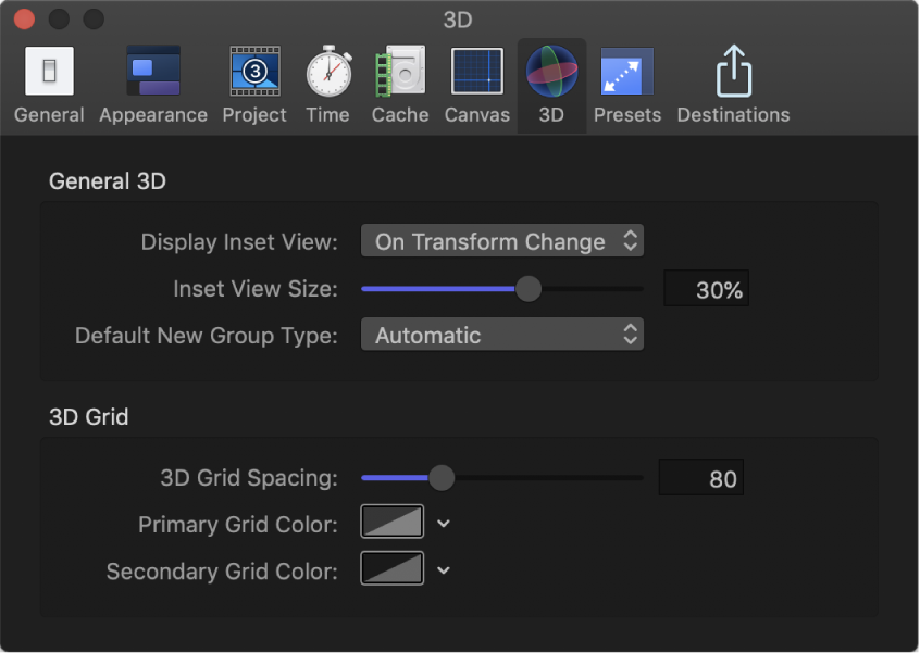 显示“3D”面板的“Motion 偏好设置”窗口