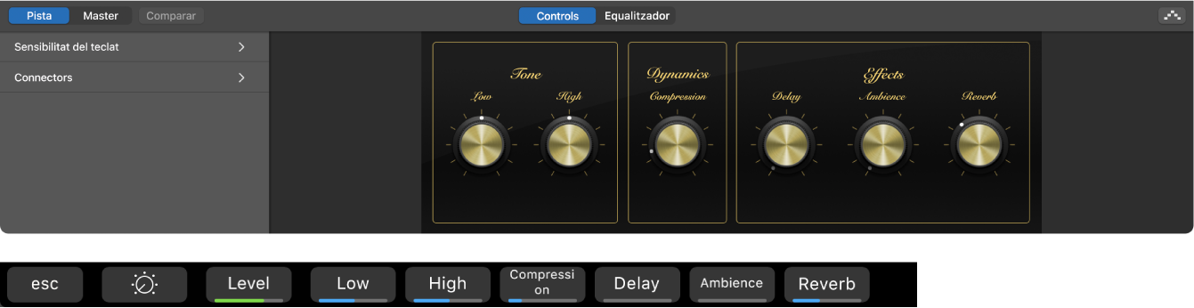 Figura. Smart Controls d’una pista d’instrument de programari i dreceres de la pantalla de Smart Controls dinàmica.