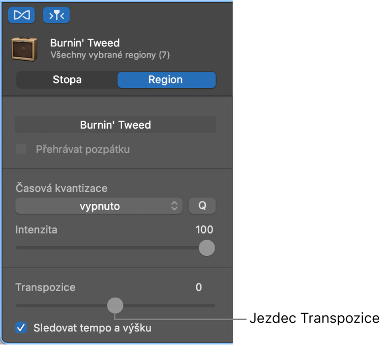 Inspektor Editor zvuku v režimu Region se zobrazeným jezdcem Transpozice