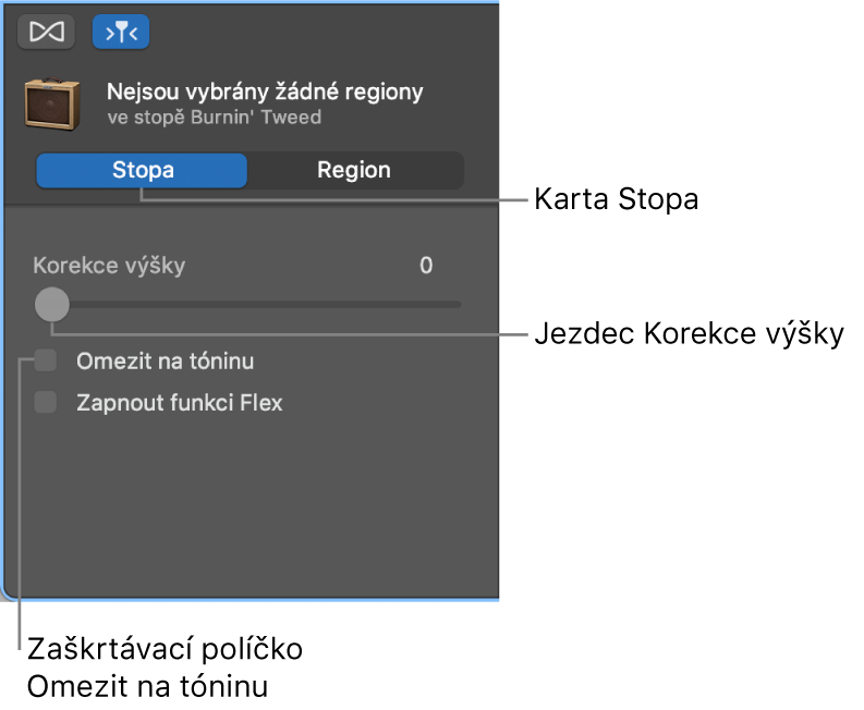 Inspektor Editor zvuku v režimu Stopa se zobrazeným jezdcem Korekce výšky a zaškrtávacím políčkem Omezit na tóninu