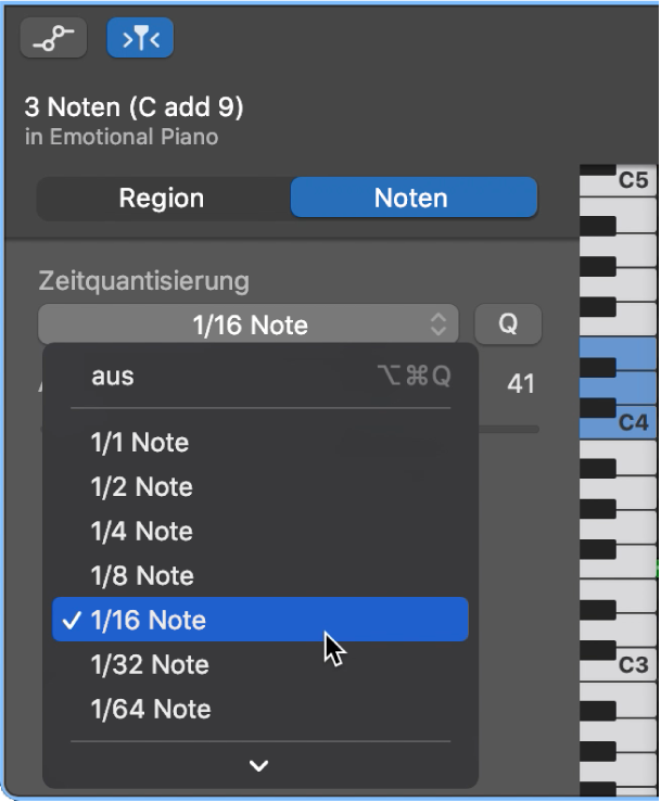 Auswählen eines Werts im Einblendmenü „Zeitquantisierung“ im Informationsfenster des Pianorolleneditors