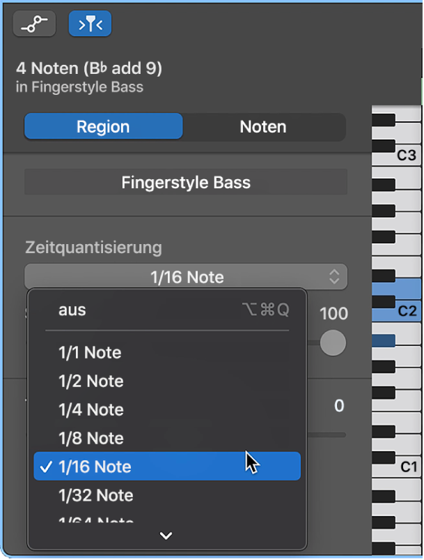 Auswählen eines Werts im Einblendmenü „Zeitquantisierung“ im Informationsfenster des Pianorolleneditors