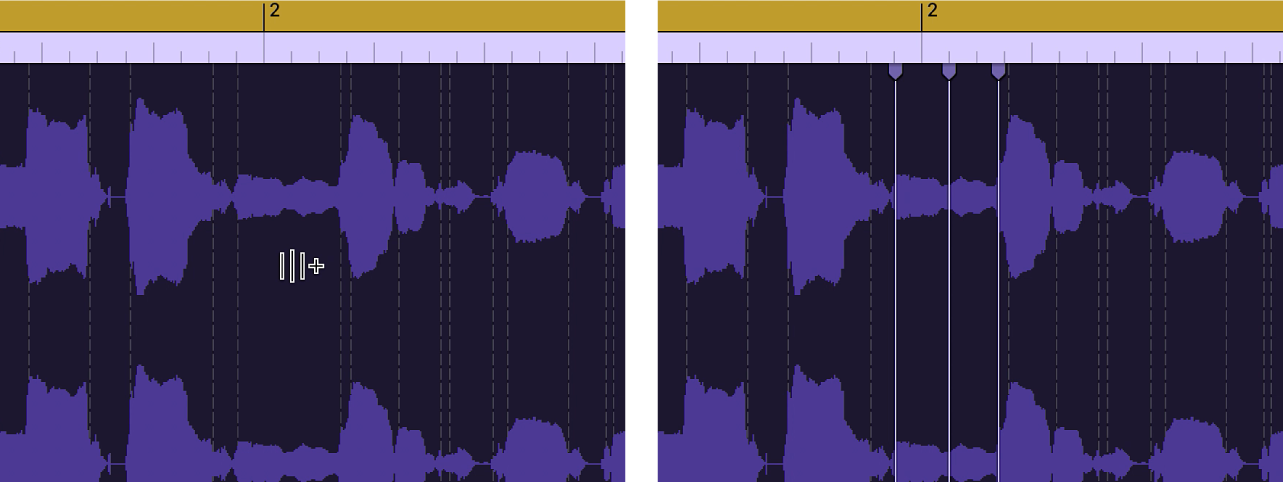 Audioregion mit Flex-Marker, der zusätzlich zum Transient-Marker erstellt wird