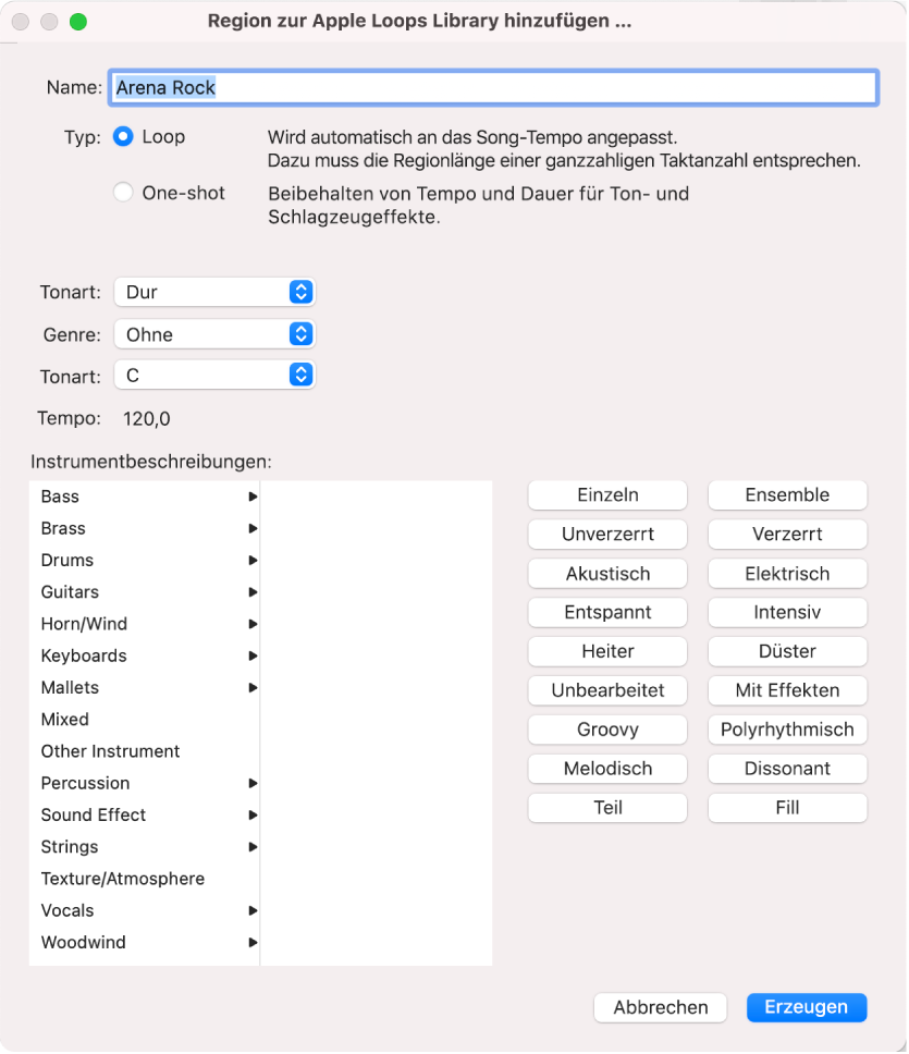 Dialogfenster „Region zur Apple Loops-Bibliothek hinzufügen“