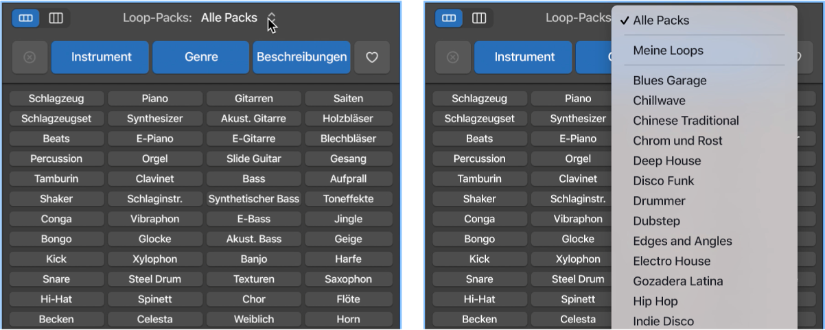 Geöffnetes Einblendmenü „Loops“