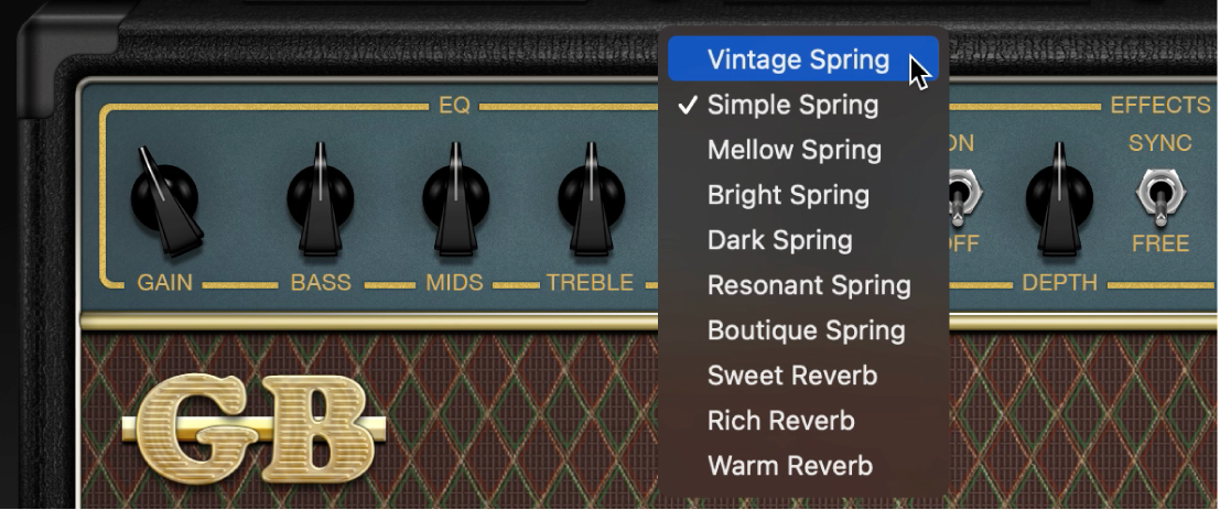 Amp Designer showing Reverb menu and Tremolo and Vibrato controls.