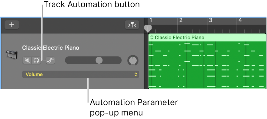 Showing the Track Automation button and the Automation Parameter pop-up menu in a track header.