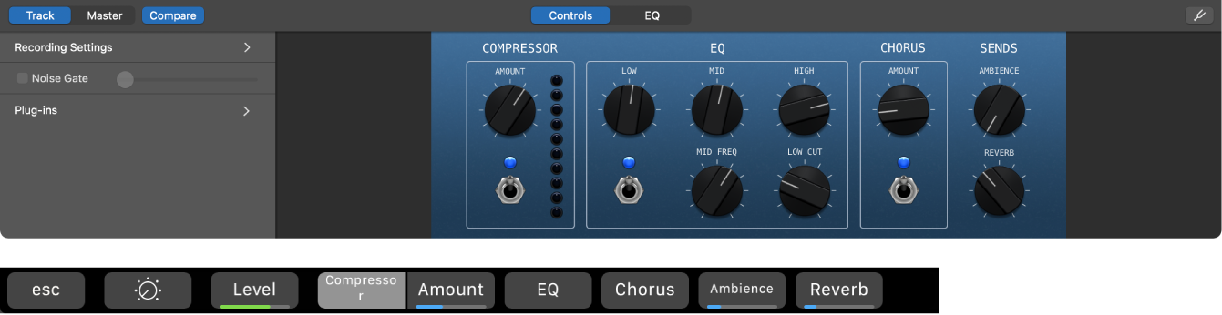 Figure. Acoustic guitar track Smart Controls and dynamic Smart Controls screen shortcuts.