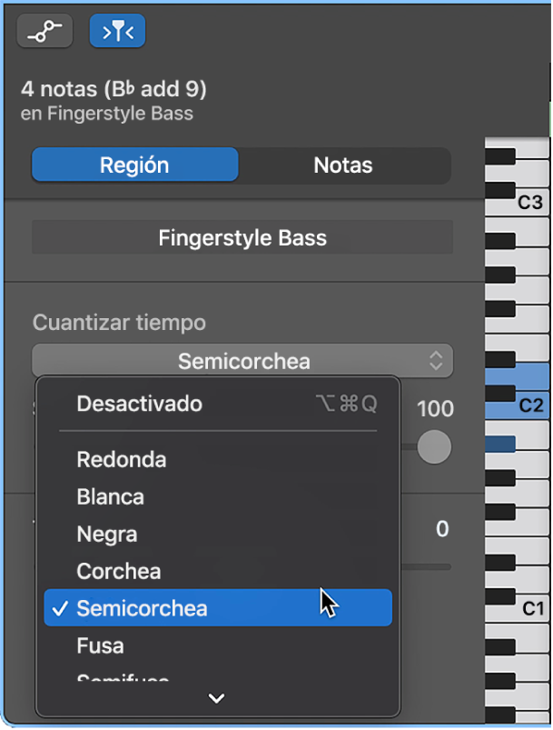 Se está seleccionando un valor en el menú desplegable “Cuantizar tiempo” del inspector el editor de teclado.