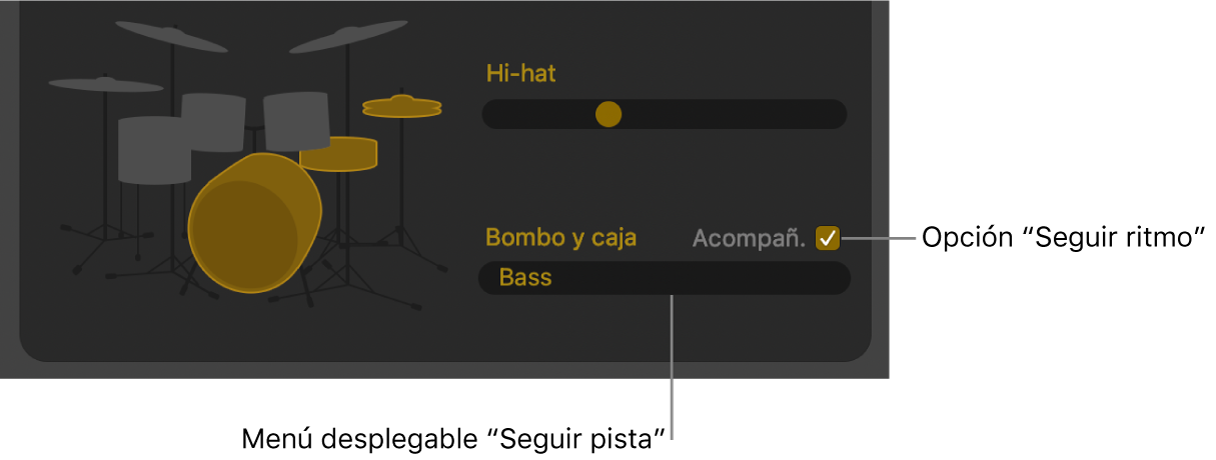 Editor de batería con la casilla “Seguir ritmo” y el menú desplegable “Seguir pista”.