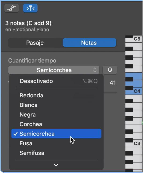 Se está seleccionando un valor en el menú desplegable “Cuantizar tiempo” del inspector el editor de teclado.