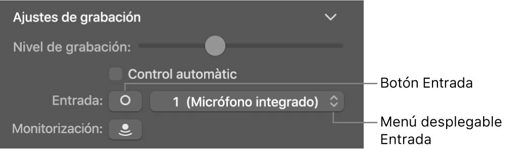 Botón y menú desplegable Entrada en el inspector de Smart Controls.