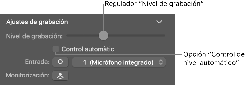 Regulador “Nivel de grabación” y casilla “Control de nivel automático” en el inspector de Smart Controls.