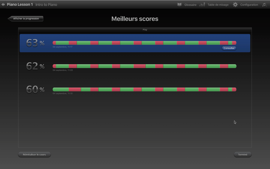 Résultats affichés dans la fenêtre Meilleurs scores.