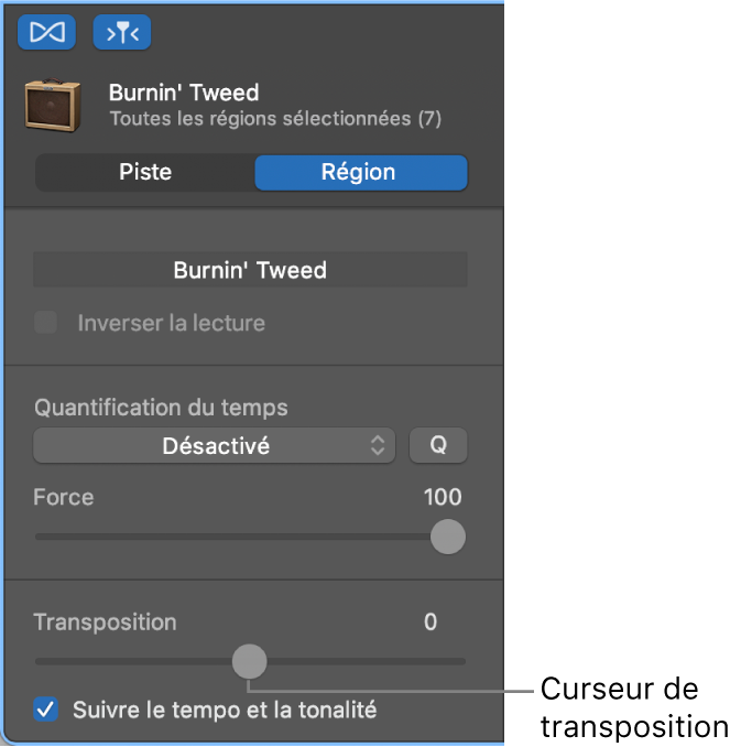 Curseur de transposition dans l’inspecteur de l’éditeur audio en mode Région.
