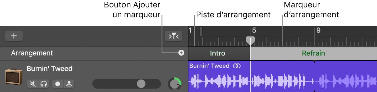 Bouton Ajouter un marqueur et zone d’arrangement sur la piste d’arrangement.