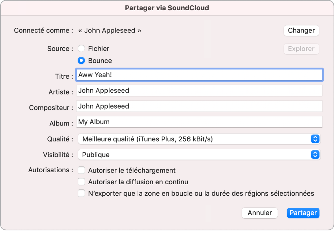 Zone de dialogue Partager via SoundCloud.