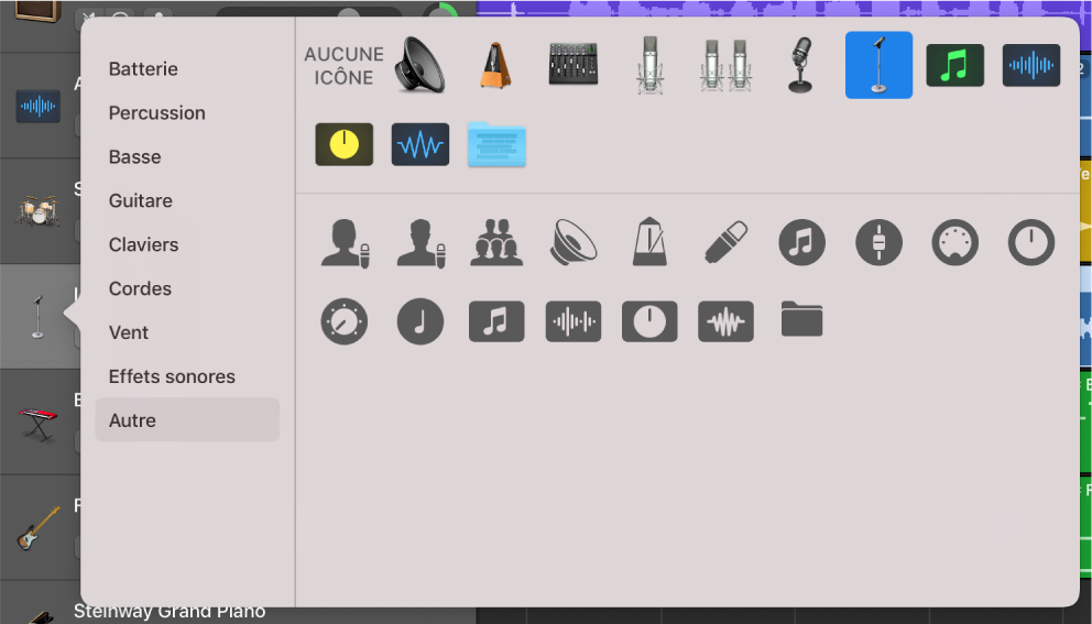 Sélection d’une icône de piste dans le menu contextuel Icône.