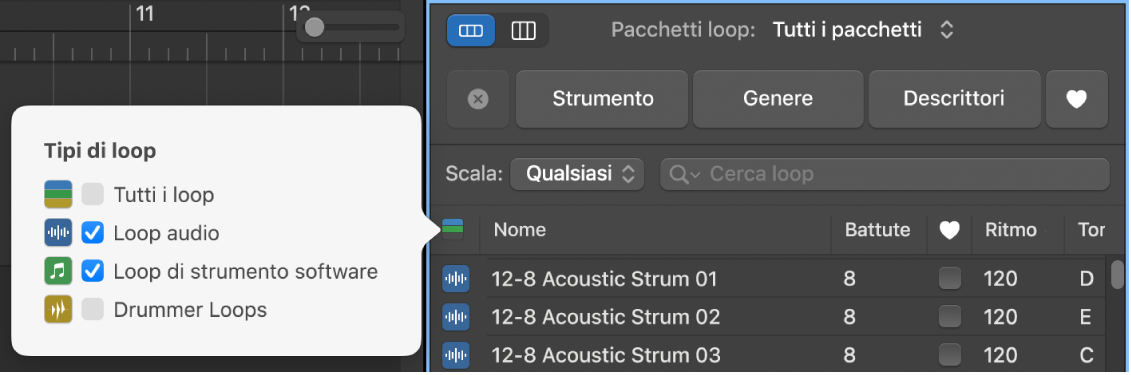 Utilizzo del pulsante “Tipi di loop” per filtrare i tipi di loop.