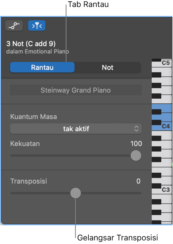 Pemeriksa Editor Lembaran Piano, yang menunjukkan tab Rantau dan gelangsar Transposisi.