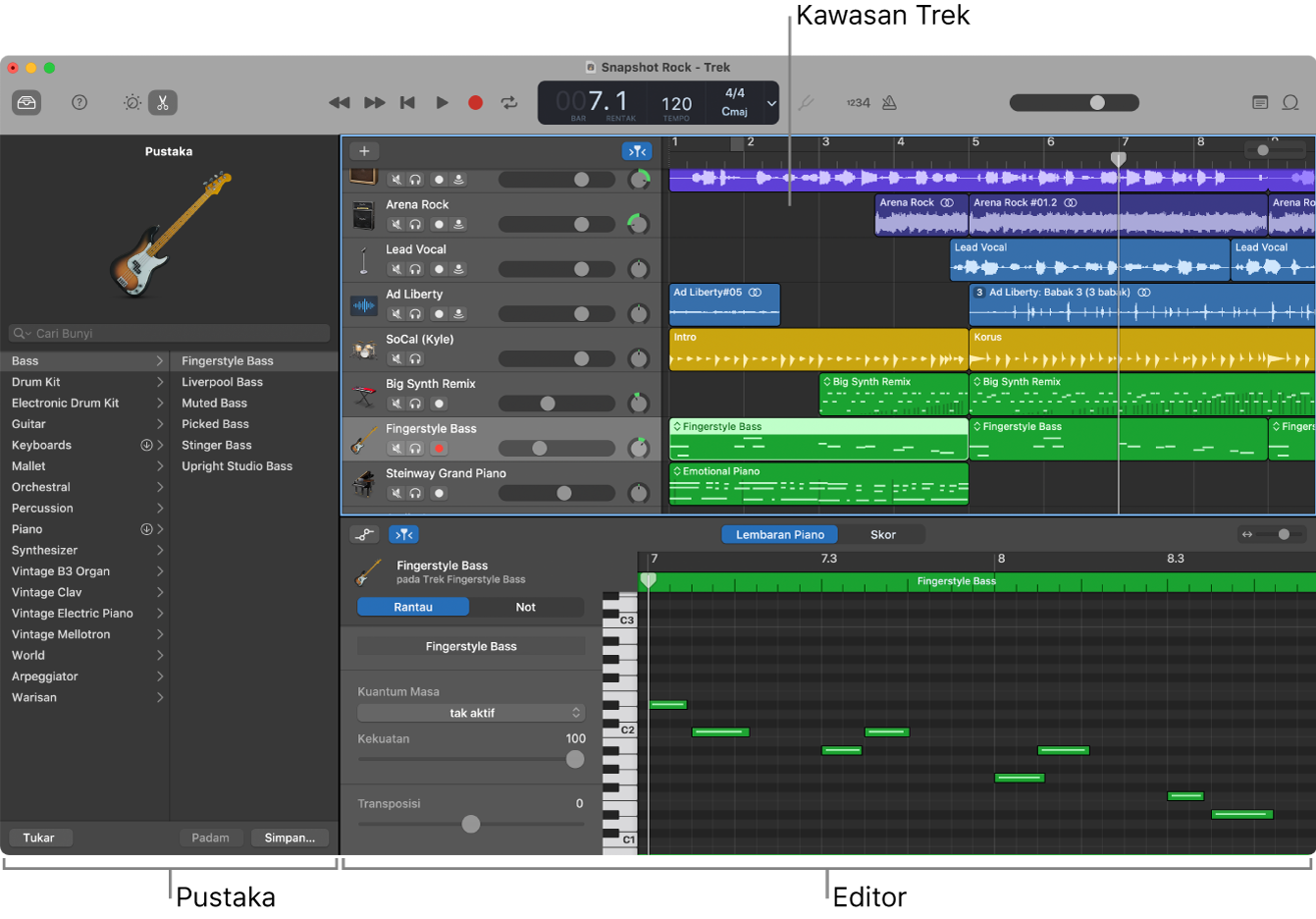 Tetingkap GarageBand.