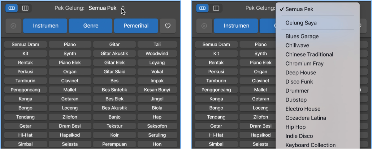 Menunjukkan menu timbul Gelung terbuka.