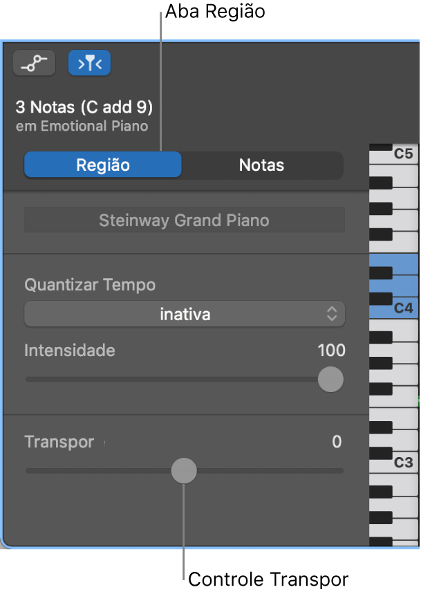 Inspetor do Editor do Rolo de Piano, exibindo a aba Região e o controle deslizante Transpor.